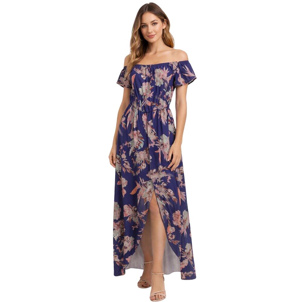 Meaneor Floral Off‑Shoulder Maxi Dress Size Small Purple Pink Boho Summer Style